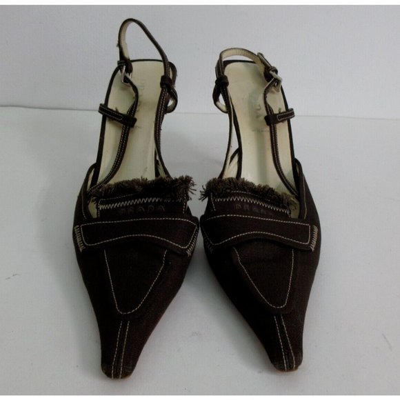 Prada Heels 7.5 Canvas Pumps Buckle Straps Logo EUR 38 1/2 Italy - Picture 1 of 12